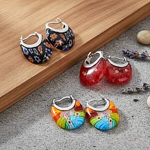Set of 3 Red, Black and Multi Color Murano Style Basket Earrings in Stainless Steel with Lifetime Guarantee (Del. In 10-12 Days)