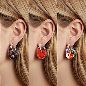 Set of 3 Red, Black and Multi Color Murano Style Basket Earrings in Stainless Steel with Lifetime Guarantee (Del. In 10-12 Days)