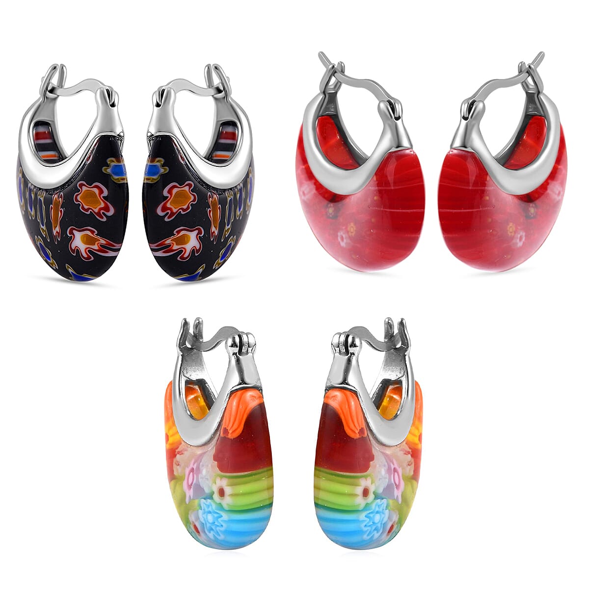 Set of 3 Red, Black and Multi Color Murano Style Basket Earrings in Stainless Steel with Lifetime Guarantee (Del. In 10-12 Days) image number 3
