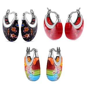 Set of 3 Red, Black and Multi Color Murano Style Basket Earrings in Stainless Steel with Lifetime Guarantee (Del. In 10-12 Days)