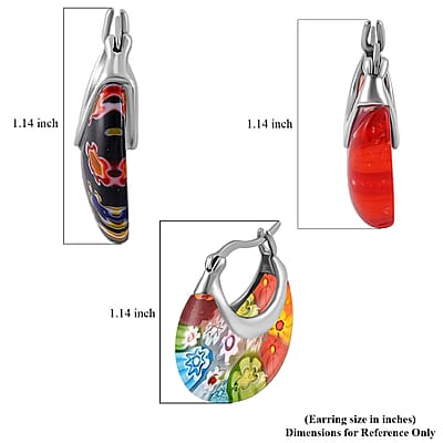 Set of 3 Red, Black and Multi Color Murano Style Basket Earrings in Stainless Steel with Lifetime Guarantee