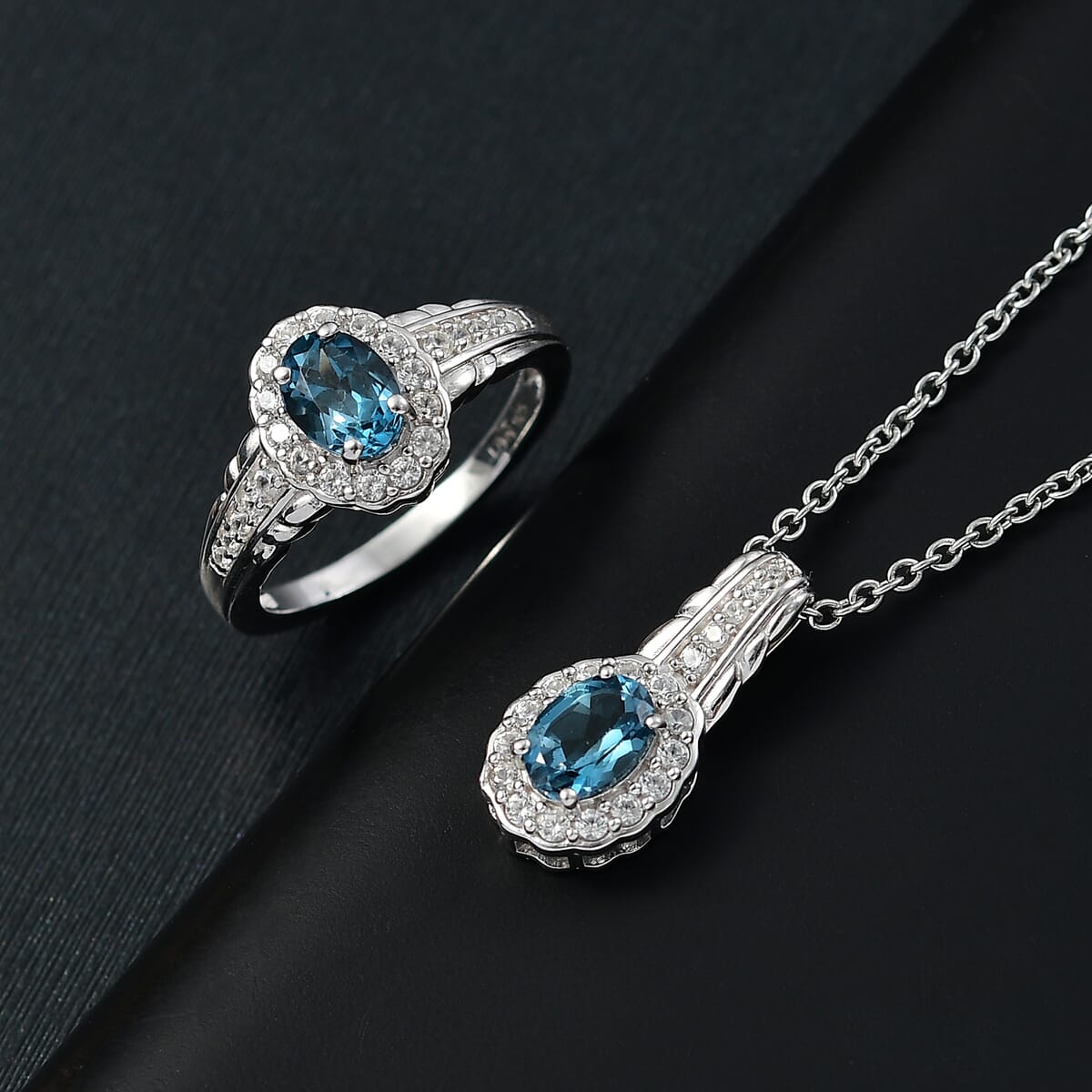 London Blue Topaz and White Zircon 2.70 ctw Waterfall Ring (Size 6.0), Pendant in Rhodium Over Sterling Silver with Stainless Steel Necklace 20 Inches image number 1