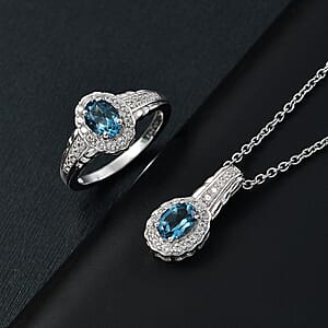 London Blue Topaz and White Zircon 2.70 ctw Waterfall Ring (Size 6.0), Pendant in Rhodium Over Sterling Silver with Stainless Steel Necklace 20 Inches