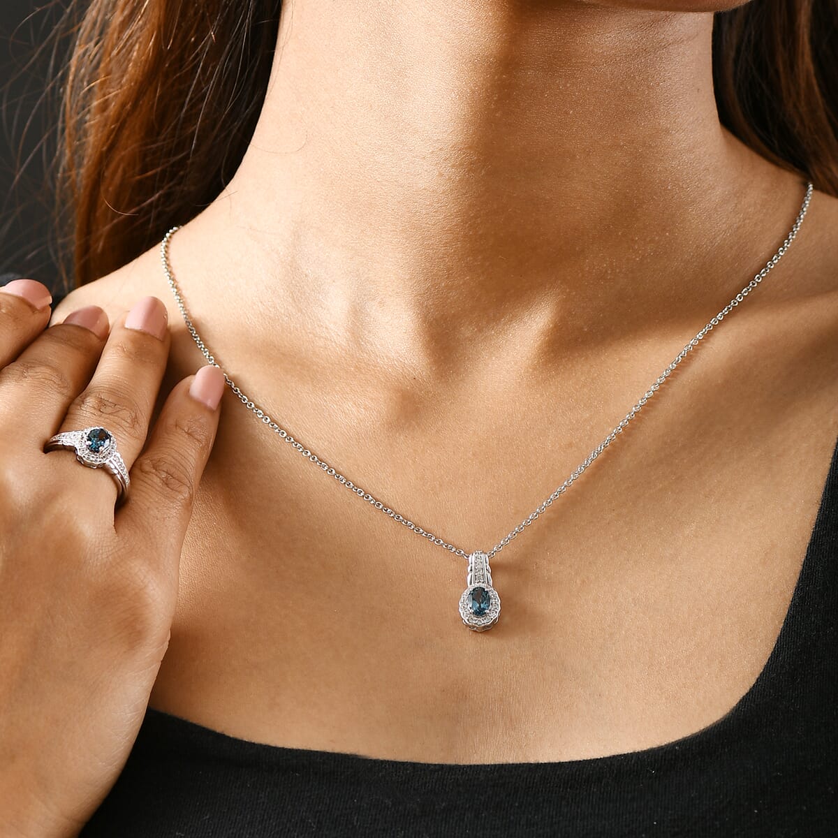 London Blue Topaz and White Zircon 2.70 ctw Waterfall Ring (Size 6.0), Pendant in Rhodium Over Sterling Silver with Stainless Steel Necklace 20 Inches image number 2