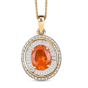 Crimson Fire Opal and Diamond 1.45 ctw Solar Flare Pendant Necklace in 18K Vermeil Yellow Gold Over Sterling Silver 20 Inches