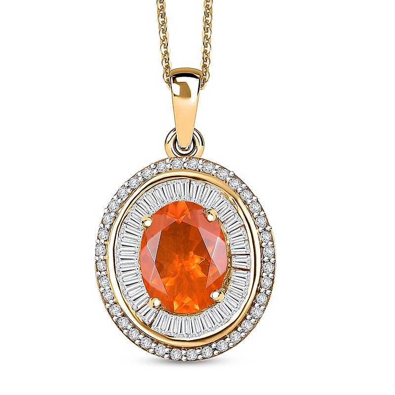 Crimson Fire Opal and Diamond 1.45 ctw Solar Flare Pendant Necklace in 18K Vermeil Yellow Gold Over Sterling Silver 20 Inches