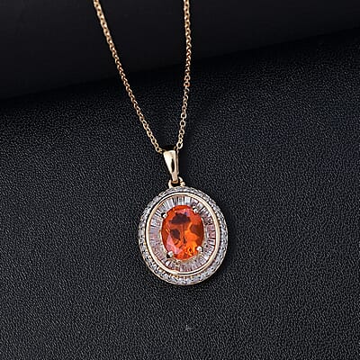 Crimson Fire Opal and Diamond 1.45 ctw Solar Flare Pendant Necklace in 18K Vermeil Yellow Gold Over Sterling Silver 20 Inches