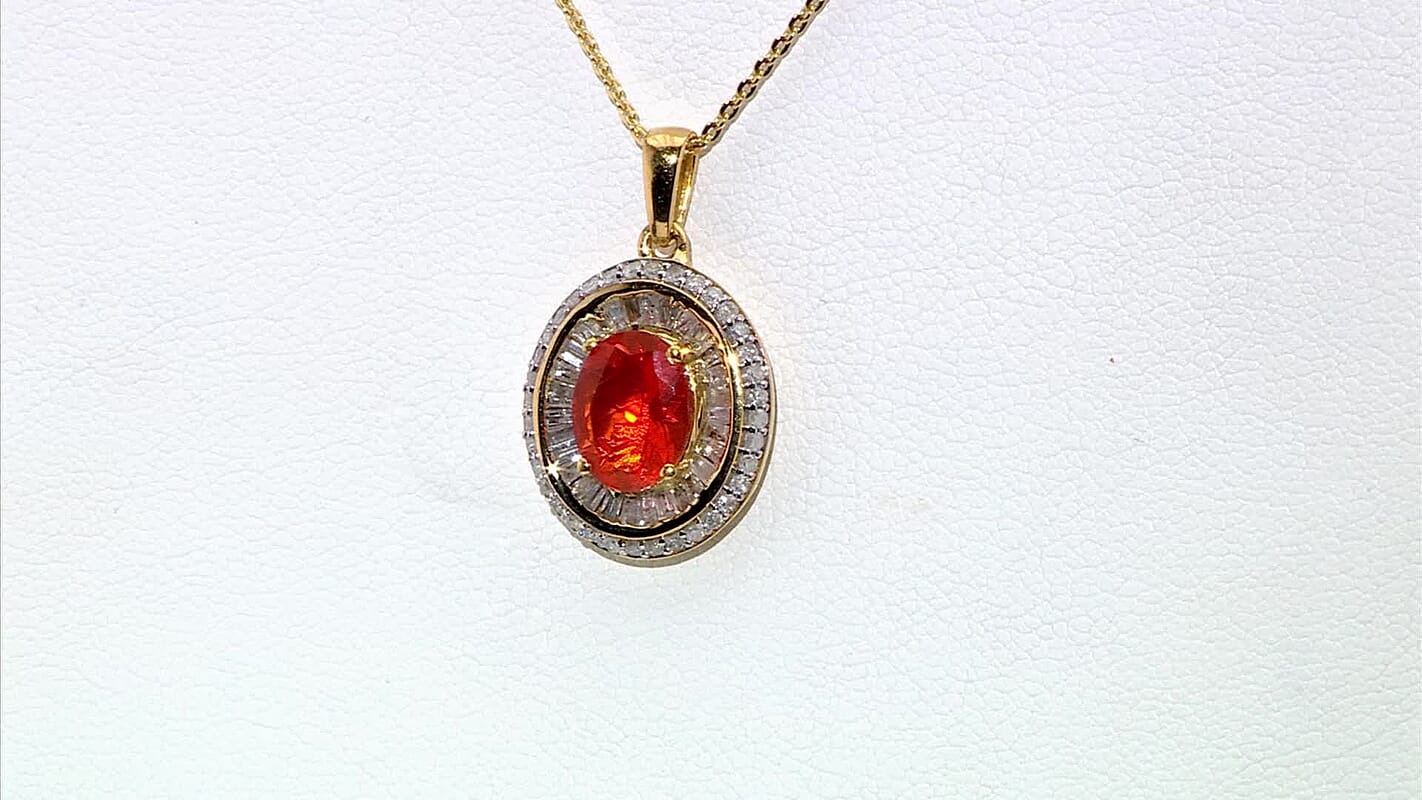 Crimson Fire Opal and Diamond 1.45 ctw Solar Flare Pendant Necklace in 18K Vermeil Yellow Gold Over Sterling Silver 20 Inches