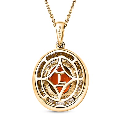 Crimson Fire Opal and Diamond 1.45 ctw Solar Flare Pendant Necklace in 18K Vermeil Yellow Gold Over Sterling Silver 20 Inches
