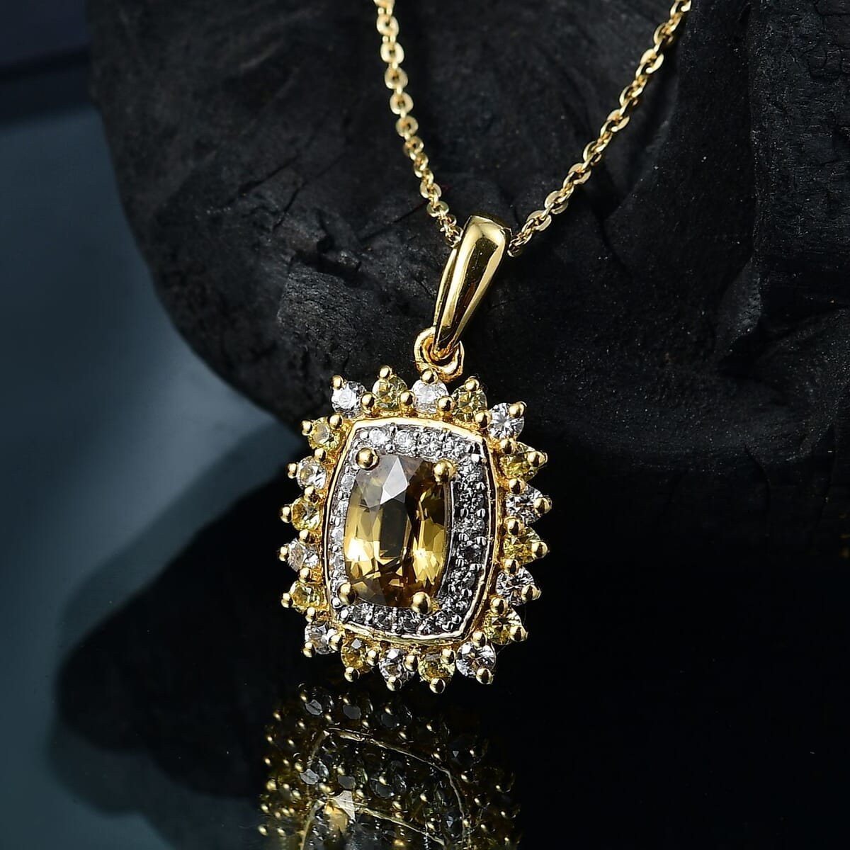 Premium Tanzania Yellow Zircon and Multi Gemstone 2.10 ctw Sunburst Serenity Pendant Necklace in 18K Vermeil Yellow Gold Over Sterling Silver 20 Inches image number 1