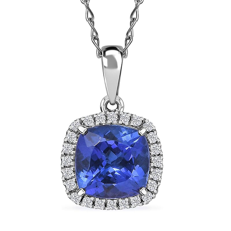 Certified and Appraised Rhapsody AAAA Tanzanite and E-F VS Diamond 2.29 ctw Halo Pendant Necklace in 950 Platinum 20 Inches