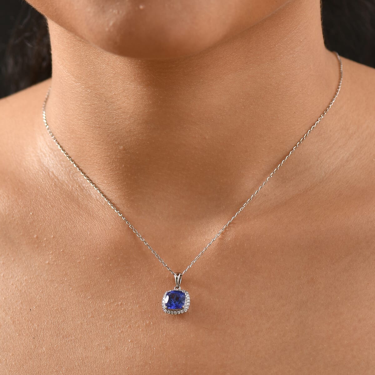 Certified & Appraised Rhapsody AAAA Tanzanite and E-F VS Diamond 2.29 ctw Halo Pendant Necklace in 950 Platinum 20 Inches (Del. in 10-15 Days) image number 2