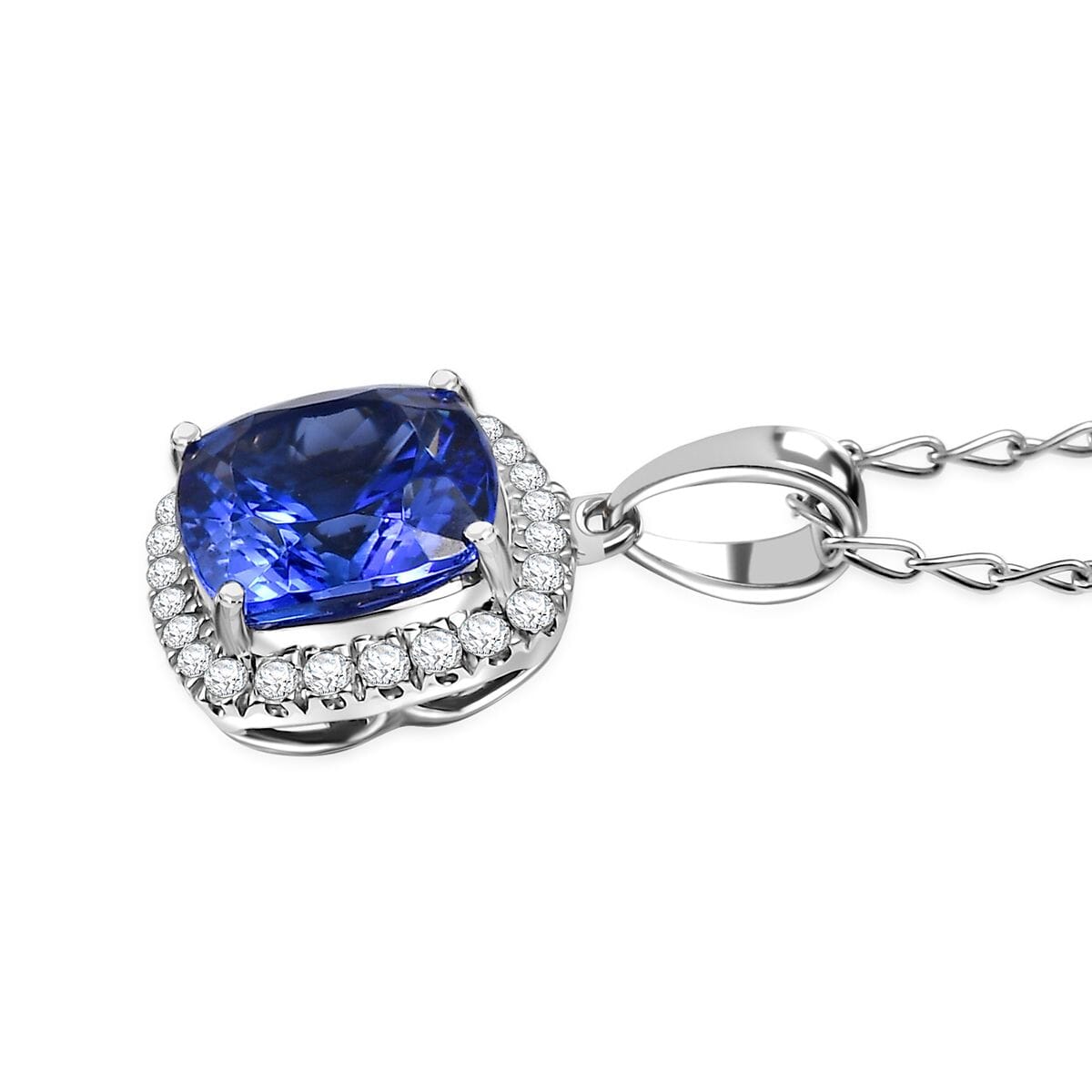 Certified & Appraised Rhapsody AAAA Tanzanite and E-F VS Diamond 2.29 ctw Halo Pendant Necklace in 950 Platinum 20 Inches (Del. in 10-15 Days) image number 3