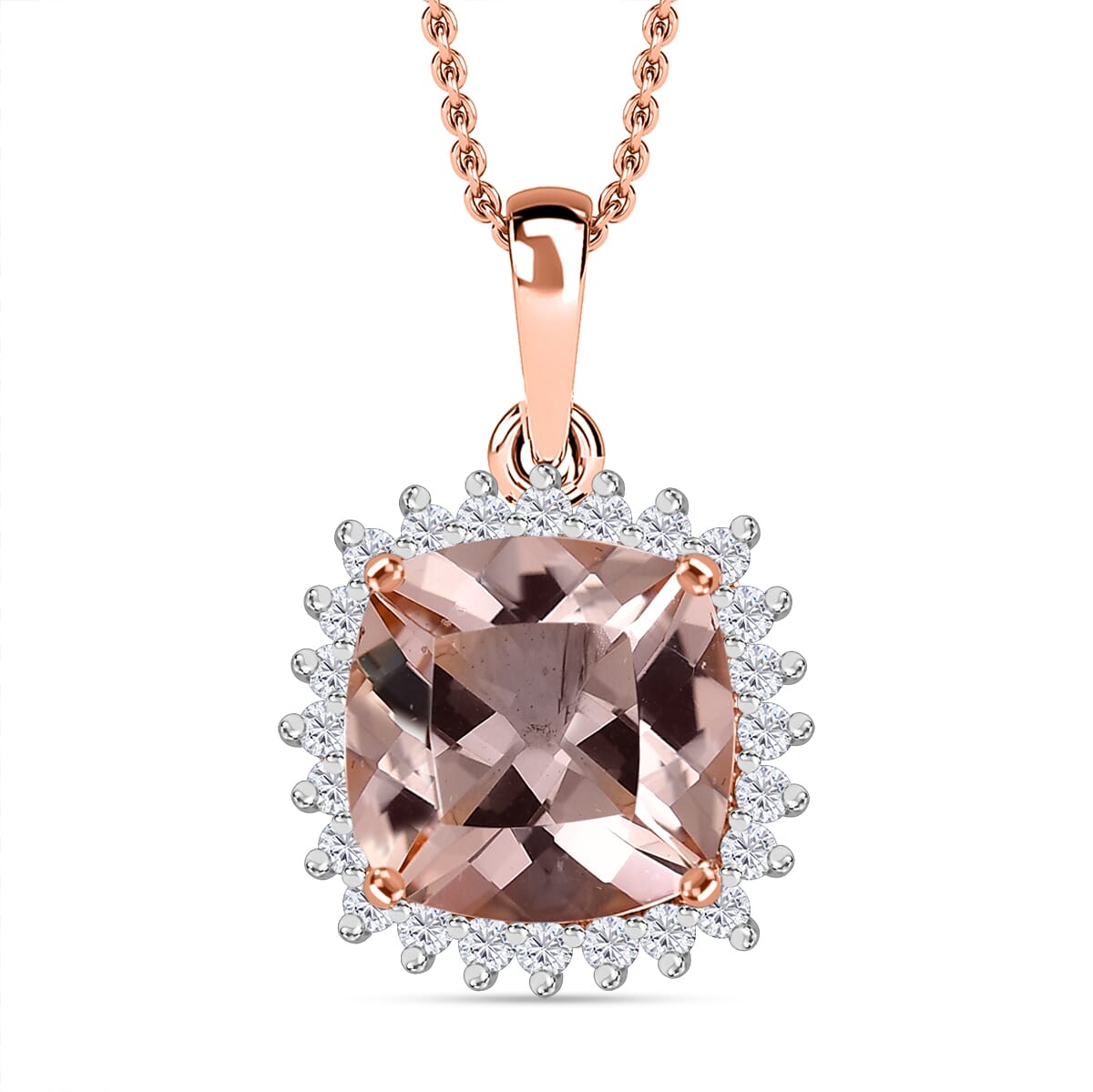 Certified & Appraised Luxoro AAA Marropino Morganite and G-H I2 Diamond 3.74 ctw Pendant Necklace in 10K Rose Gold 20 Inches (Del. in 10-15 Days) image number 0
