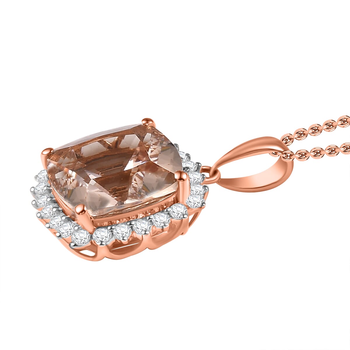 Certified & Appraised Luxoro AAA Marropino Morganite and G-H I2 Diamond 3.74 ctw Pendant Necklace in 10K Rose Gold 20 Inches (Del. in 10-15 Days) image number 3