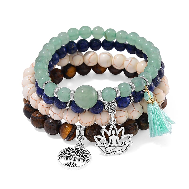 Set of 4 Multi Gemstone 312.00 ctw Beaded Bracelet with Tree of Life and Rose Charm in Silvertone (6.5-7In)