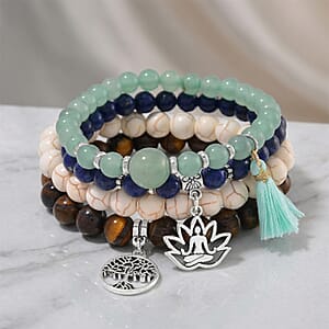  Set of 4 Multi Gemstone 312.00 ctw Bracelet with Tree of Life and Rose Charm in Silvertone (6.5-7In)