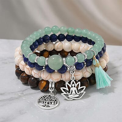 Set of 4 Multi Gemstone 312.00 ctw Beaded Bracelet with Tree of Life and Rose Charm in Silvertone (6.5-7In)