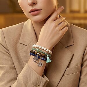  Set of 4 Multi Gemstone 312.00 ctw Bracelet with Tree of Life and Rose Charm in Silvertone (6.5-7In)