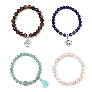  Set of 4 Multi Gemstone 312.00 ctw Bracelet with Tree of Life and Rose Charm in Silvertone (6.5-7In)