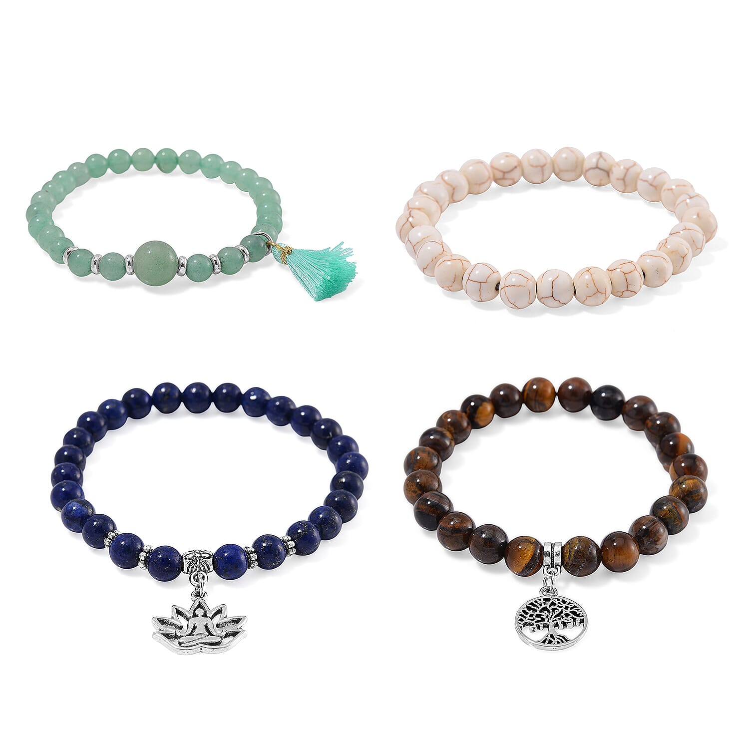 Set of 4 Multi Gemstone 312.00 ctw Beaded Bracelet with Tree of Life and Rose Charm in Silvertone (6.5-7In)