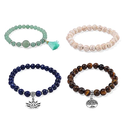 Set of 4 Multi Gemstone 312.00 ctw Beaded Bracelet with Tree of Life and Rose Charm in Silvertone (6.5-7In)