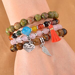 Doorbuster Set of 4 Multi Gemstone 325.00 ctw Bracelet with Heart and Wing Charm in Silvertone (6.5-7In)