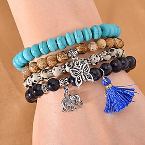 Doorbuster Set of 4 Multi Gemstone 275.00 ctw Bracelet with Butterfly and Elephant Charm in Silvertone (6.5-7In)