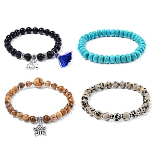 Doorbuster Set of 4 Multi Gemstone 275.00 ctw Bracelet with Butterfly and Elephant Charm in Silvertone (6.5-7In)