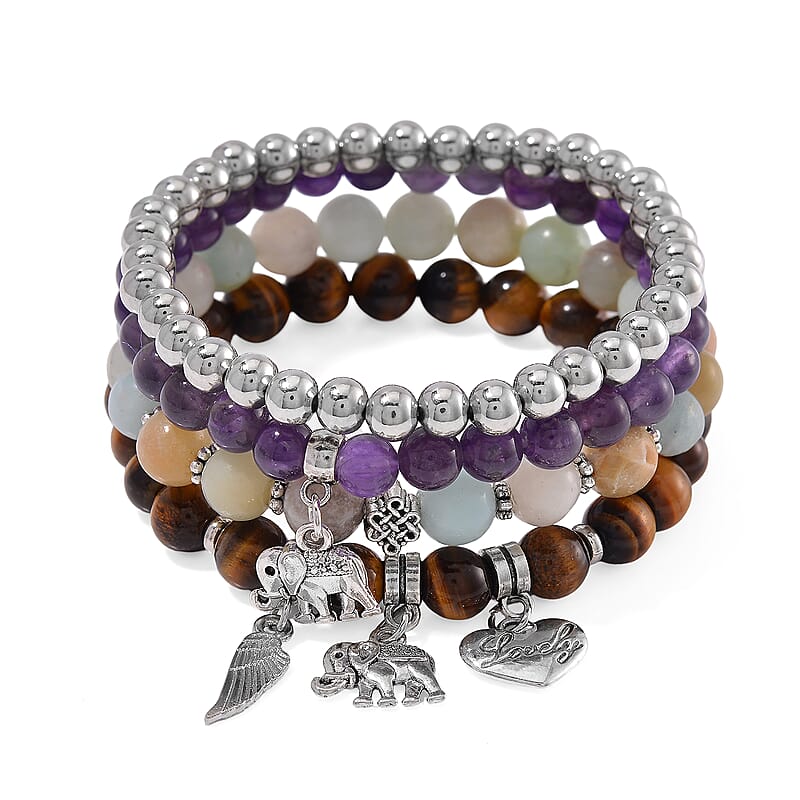 Set of 4 Multi Gemstone 245.00 ctw Beaded Bracelet with Heart, Wing and Elephant Charm in Silvertone (6.5-7In)