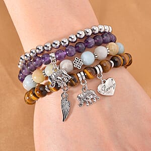 Doorbuster Set of 4 Multi Gemstone 245.00 ctw Bracelet with Heart, Wing and Elephant Charm in Silvertone (6.5-7In)
