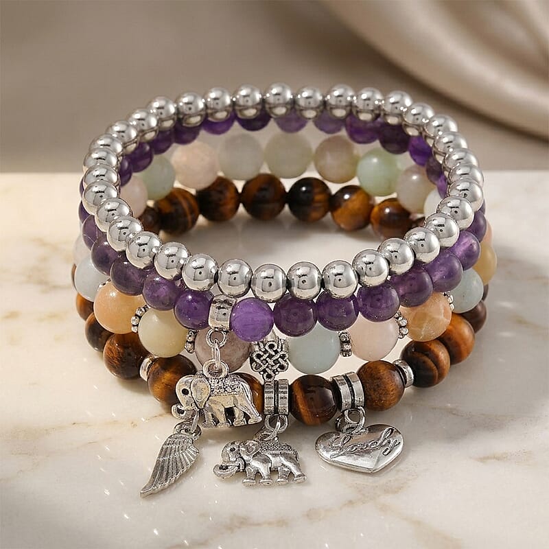 Set of 4 Multi Gemstone 245.00 ctw Beaded Bracelet with Heart, Wing and Elephant Charm in Silvertone (6.5-7In)