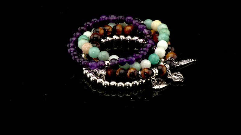 Set of 4 Multi Gemstone 245.00 ctw Beaded Bracelet with Heart, Wing and Elephant Charm in Silvertone (6.5-7In)