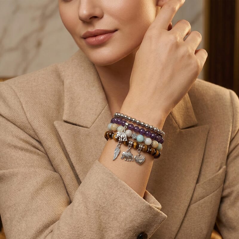 Set of 4 Multi Gemstone 245.00 ctw Beaded Bracelet with Heart, Wing and Elephant Charm in Silvertone (6.5-7In)