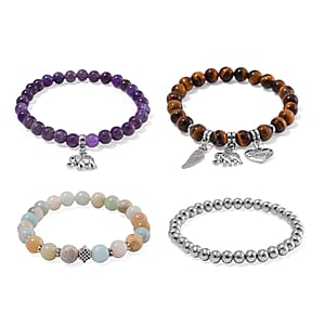 Doorbuster Set of 4 Multi Gemstone 245.00 ctw Bracelet with Heart, Wing and Elephant Charm in Silvertone (6.5-7In)