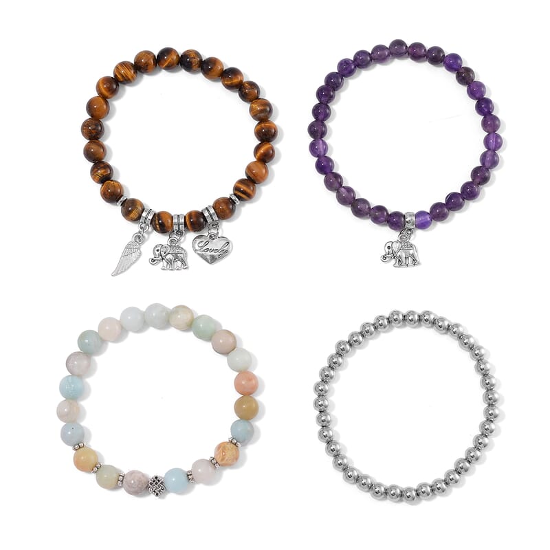 Set of 4 Multi Gemstone 245.00 ctw Beaded Bracelet with Heart, Wing and Elephant Charm in Silvertone (6.5-7In)