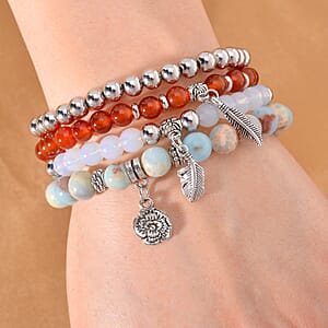 Doorbuster Set of 4 Multi Gemstone 165.00 ctw Bracelet with Flower and Feather Charm in Silvertone (6.5-7In)