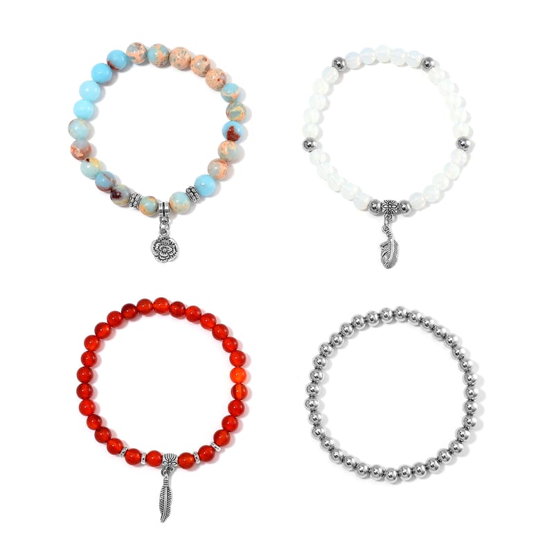 Set of 4 Multi Gemstone 165.00 ctw Beaded Bracelet with Flower and Feather Charm in Silvertone (6.5-7In)