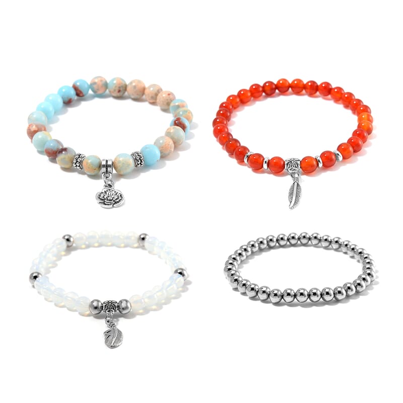 Set of 4 Multi Gemstone 165.00 ctw Beaded Bracelet with Flower and Feather Charm in Silvertone (6.5-7In)