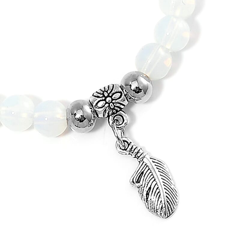Set of 4 Multi Gemstone 165.00 ctw Beaded Bracelet with Flower and Feather Charm in Silvertone (6.5-7In)