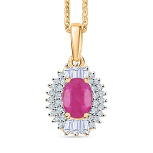 Premium Royal Ruby and Moissanite 1.80 ctw Rising Sun Pendant Necklace in 18K Vermeil Yellow Gold Over Sterling Silver 20 Inches