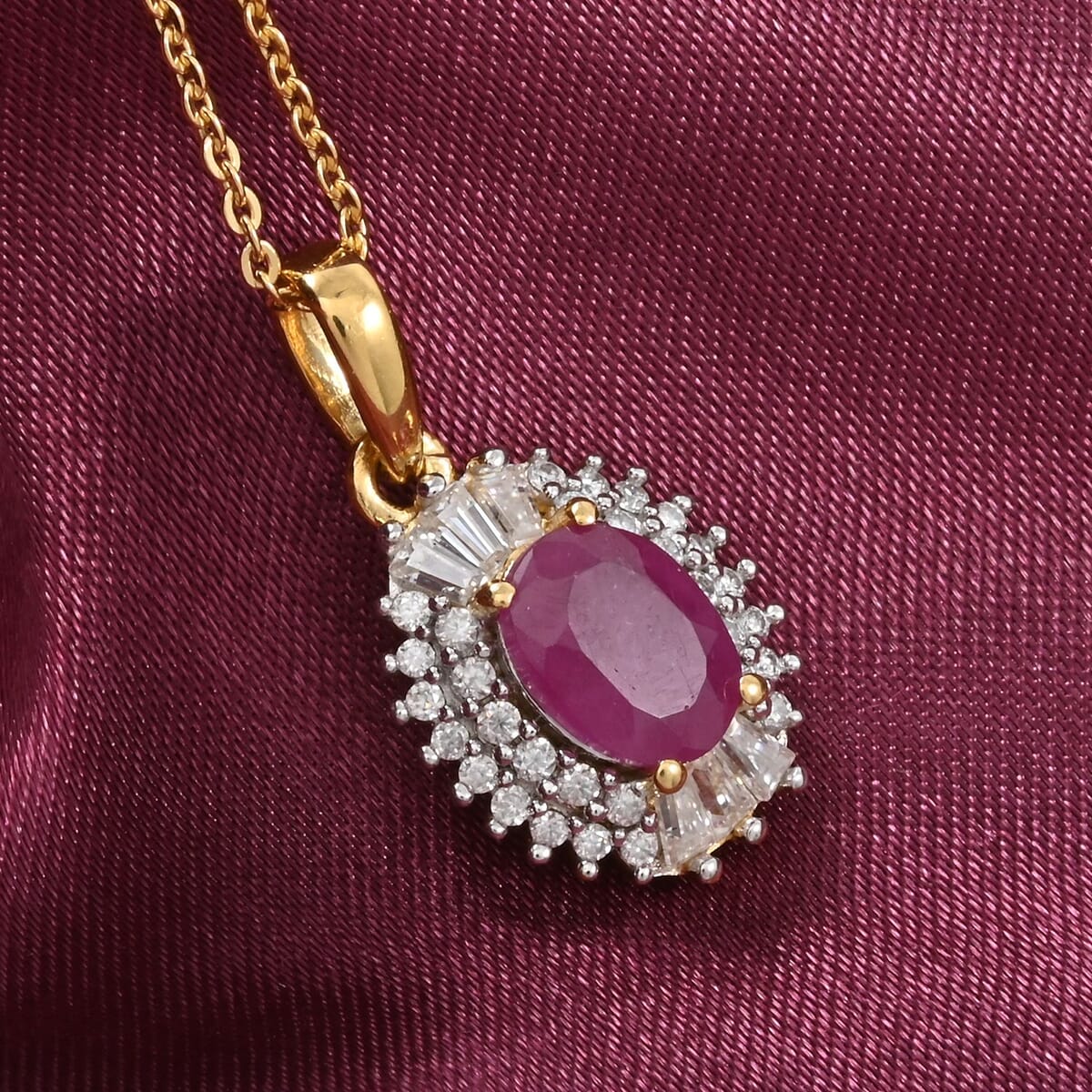 Premium Royal Ruby and Moissanite 1.80 ctw Rising Sun Pendant Necklace in 18K Vermeil Yellow Gold Over Sterling Silver 20 Inches image number 1