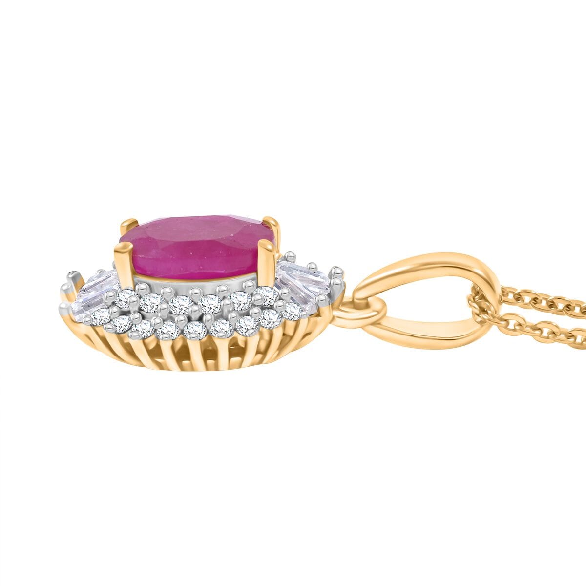 Premium Royal Ruby and Moissanite 1.80 ctw Rising Sun Pendant Necklace in 18K Vermeil Yellow Gold Over Sterling Silver 20 Inches image number 3