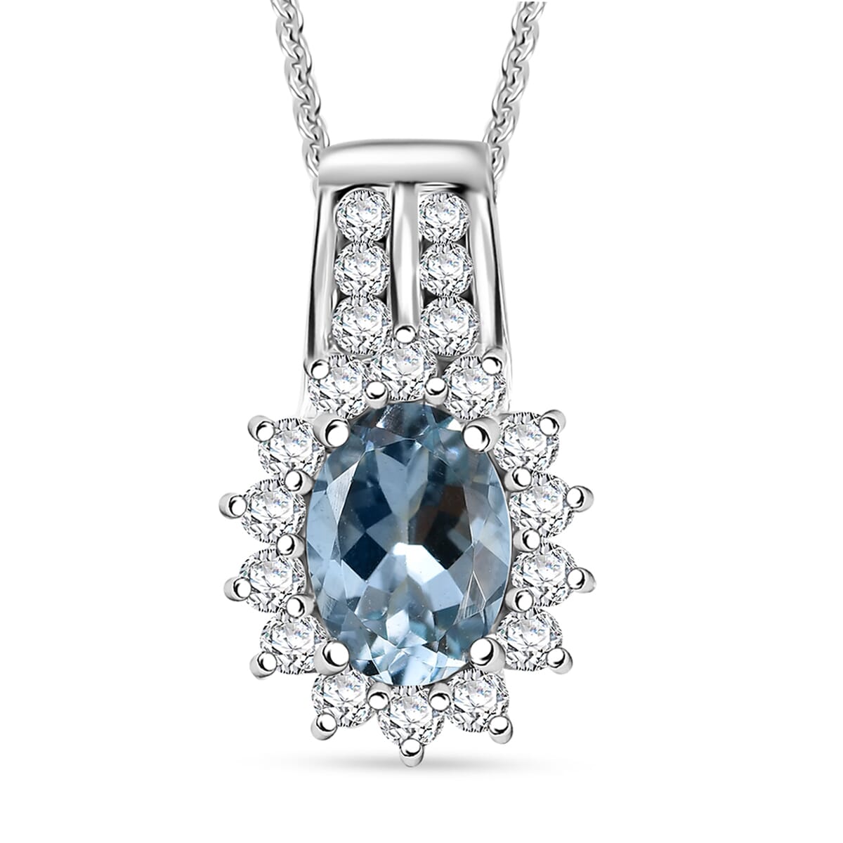 Santa Maria Aquamarine and Luxuriant Lab Grown Diamond 1.15 ctw Marina Halo Pendant Necklace (20 Inches) in Rhodium Over Sterling Silver image number 0
