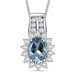 Santa Maria Aquamarine and Luxuriant Lab Grown Diamond 1.15 ctw Marina Halo Pendant Necklace (20 Inches) in Rhodium Over Sterling Silver
