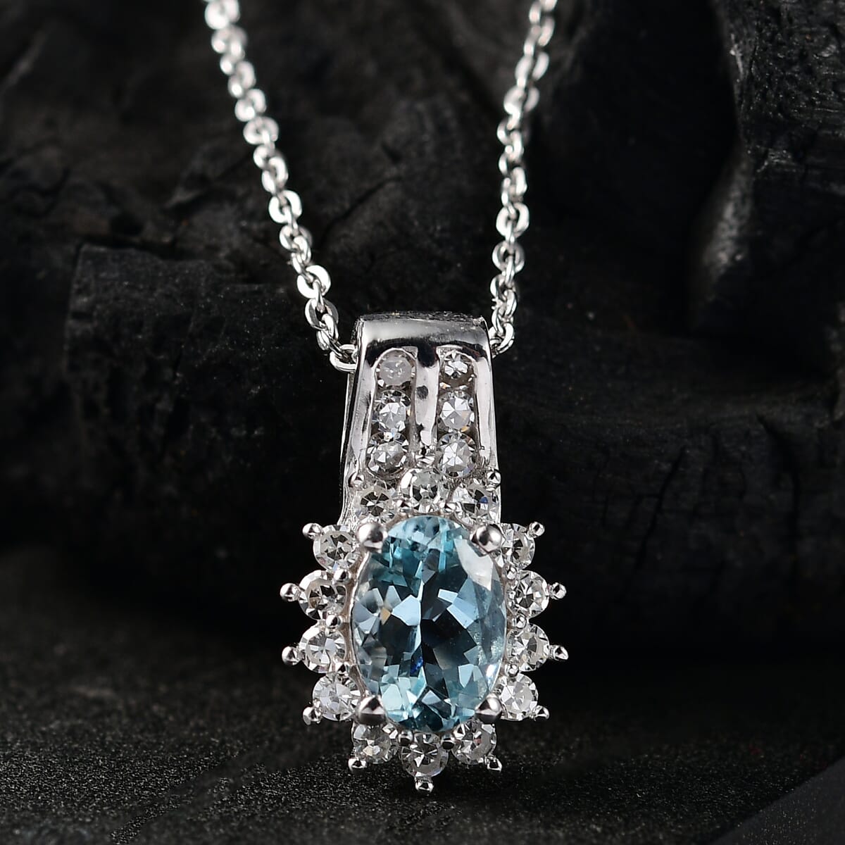 Santa Maria Aquamarine and Luxuriant Lab Grown Diamond 1.15 ctw Marina Halo Pendant Necklace (20 Inches) in Rhodium Over Sterling Silver image number 1