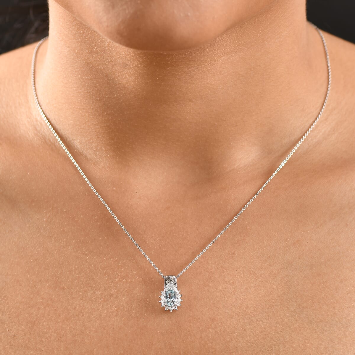 Santa Maria Aquamarine and Luxuriant Lab Grown Diamond 1.15 ctw Marina Halo Pendant Necklace (20 Inches) in Rhodium Over Sterling Silver image number 2