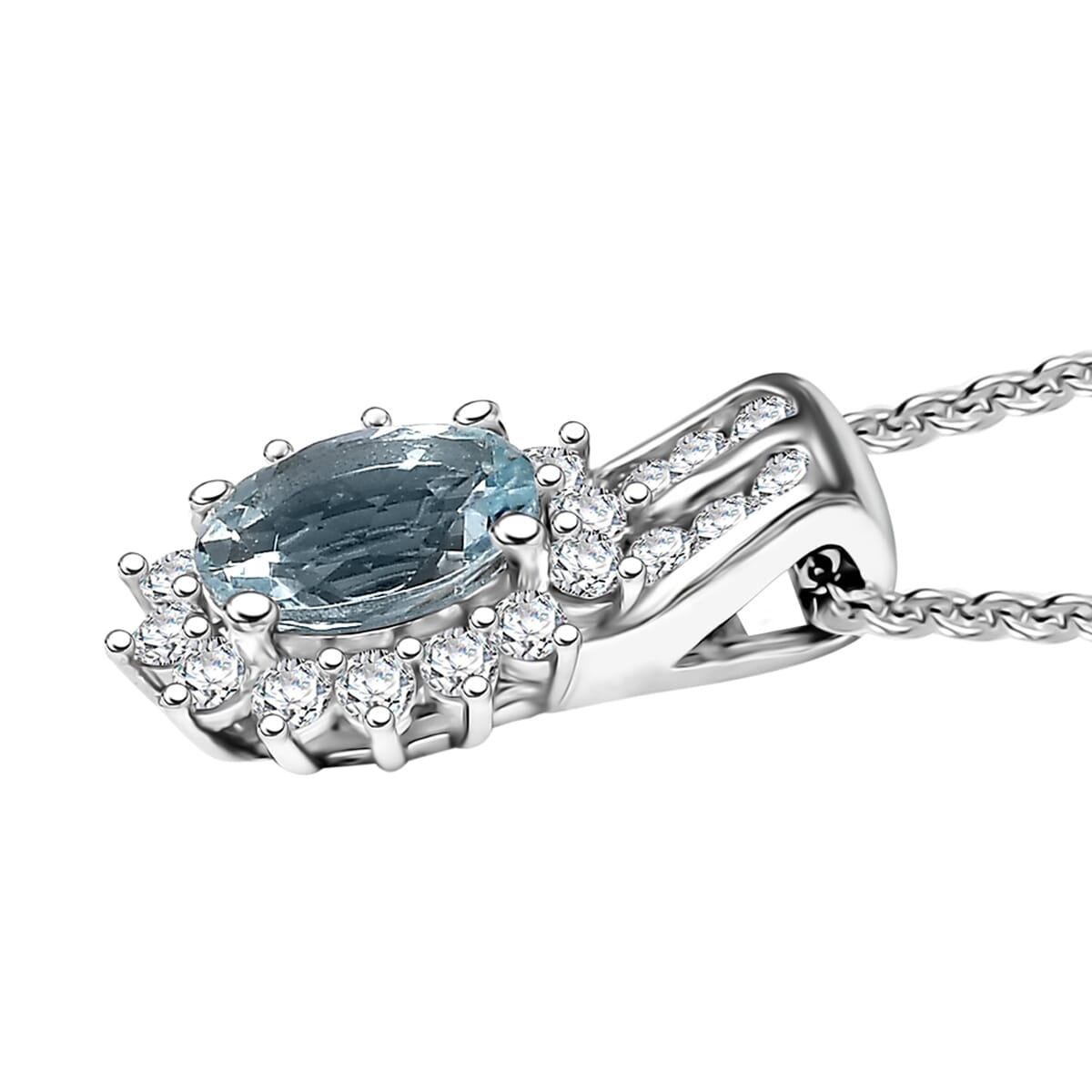 Santa Maria Aquamarine and Luxuriant Lab Grown Diamond 1.15 ctw Marina Halo Pendant Necklace (20 Inches) in Rhodium Over Sterling Silver image number 3