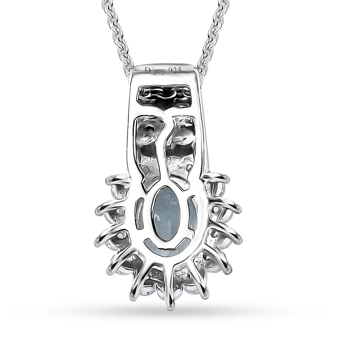 D'Joy Santa Maria Aquamarine and Luxuriant Lab Grown Diamond 1.15 ctw Marina Halo Pendant Necklace (20 Inches) in Rhodium Over Sterling Silver