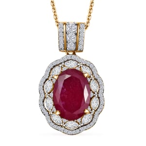 D'Joy Niassa Ruby (FF) and Moissanite 10.80 ctw Crimson Majesty Pendant Necklace in 18K Vermeil Yellow Gold Over Sterling Silver 20 Inches